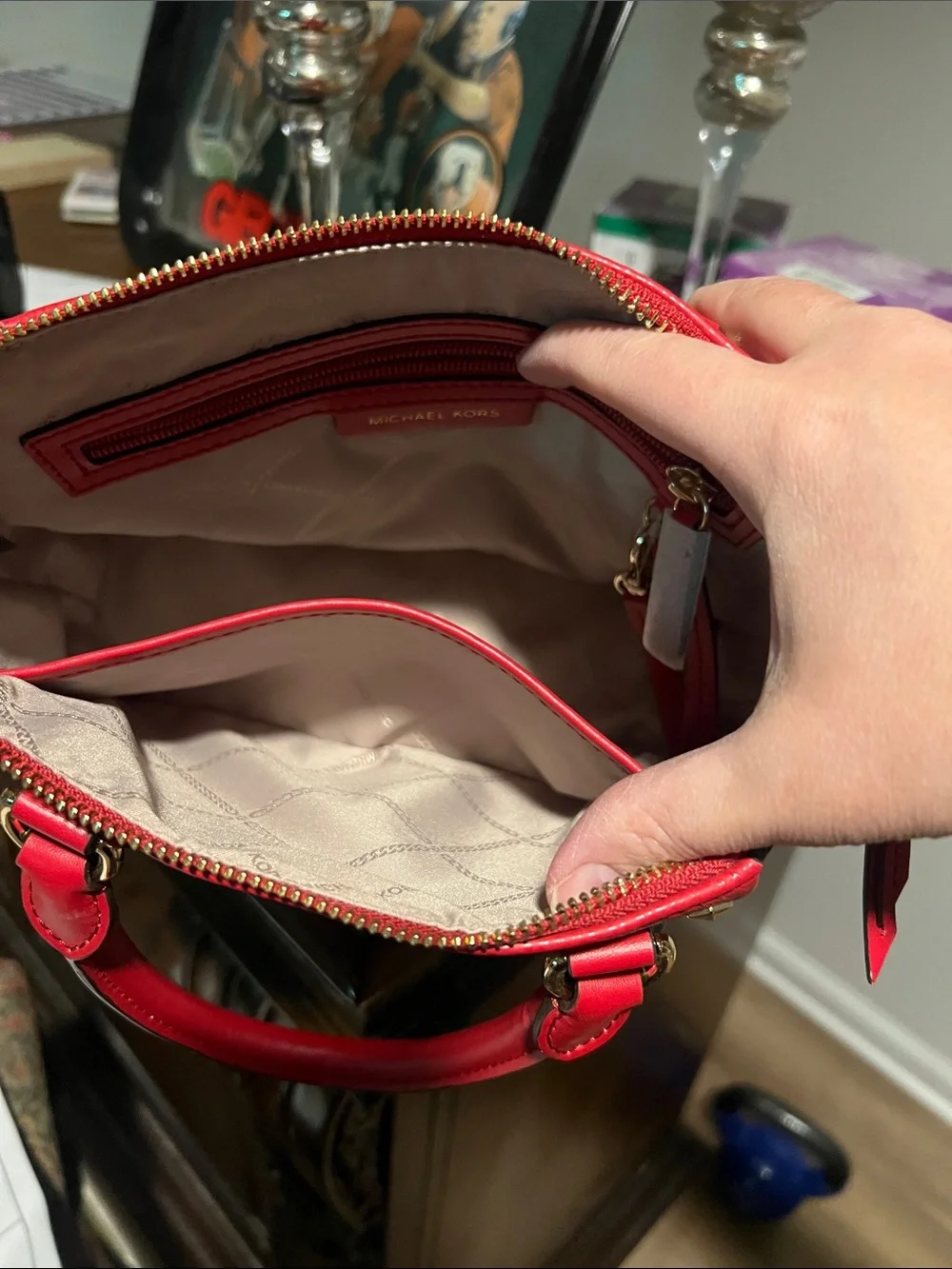 Michael Kors Red and Brown Studded Satchel - Picture 2 of 3